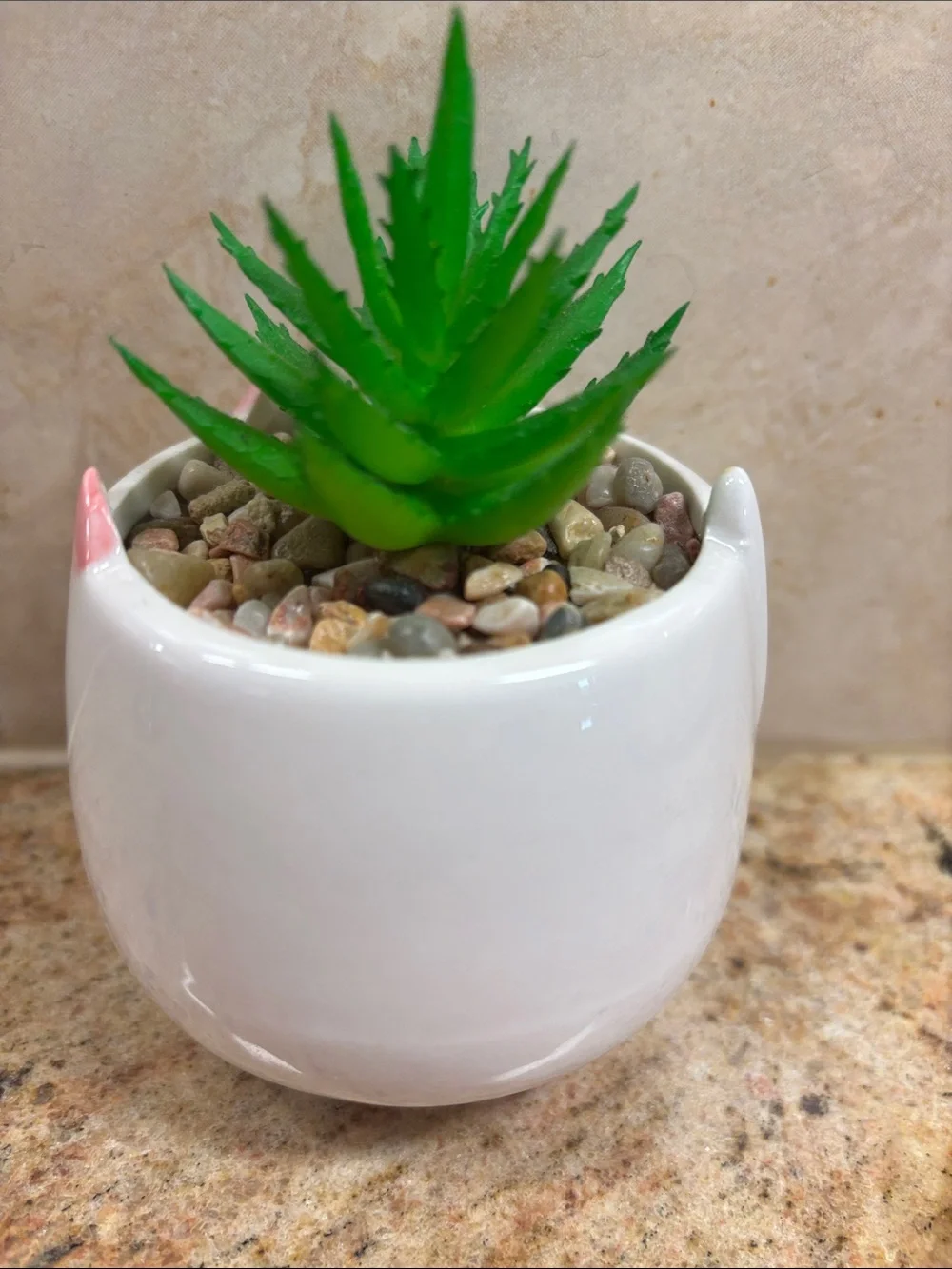 Cute Cat Ceramic Planter with Faux Succulent - White & Green with Pink Accents